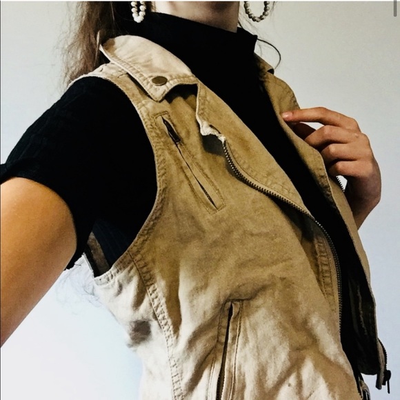 Khaki Tan Linen Moto Vest Jacket Maurices Boho Coat XS S Top Vintage Cute Kawaii - Picture 6 of 6